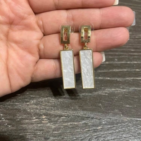Geometric Rectangular White & Gold Drop Earrings | Minimalist Statement Jewelry - Picture 8 of 16